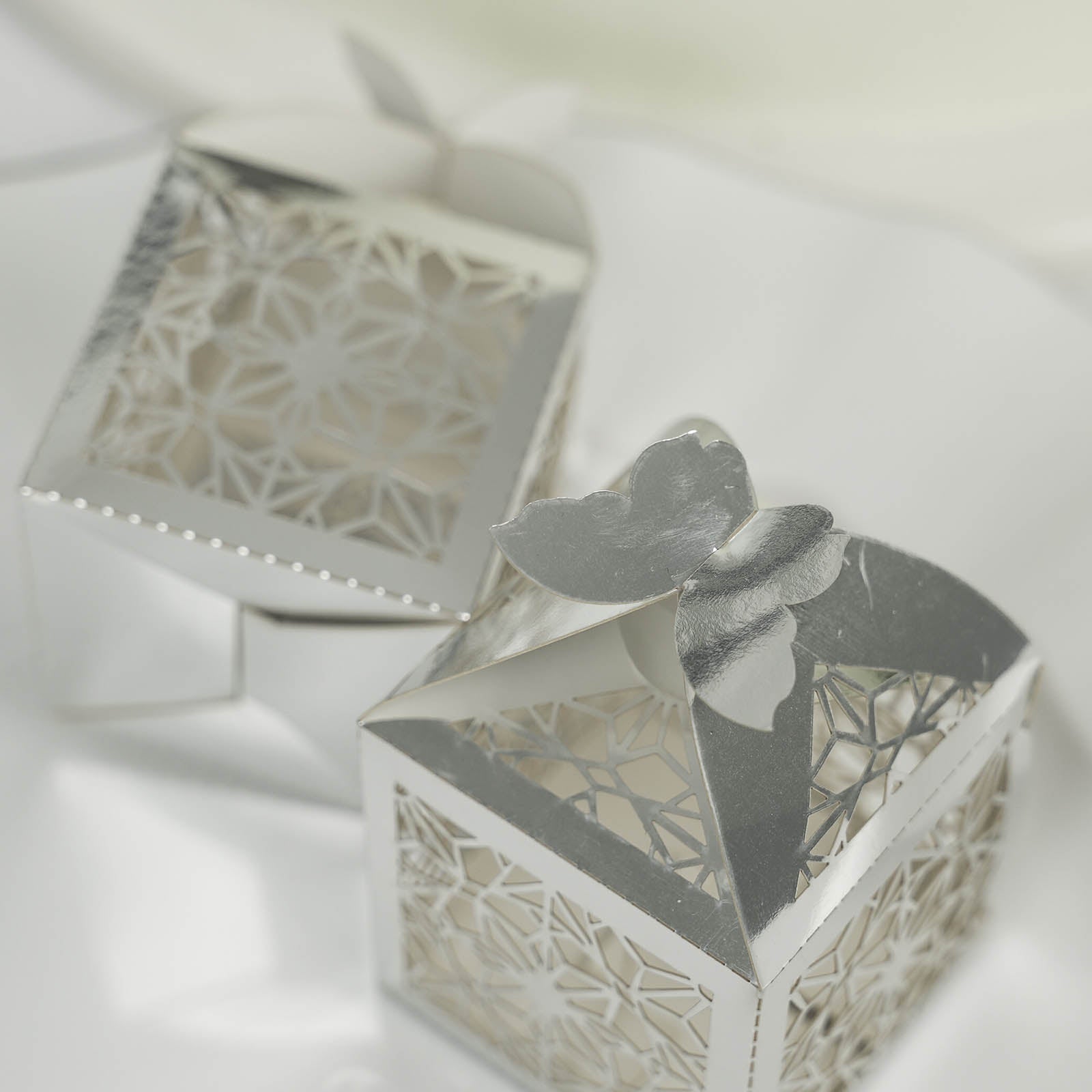 Silver butterfly top laser cut lace favor candy gift boxes.