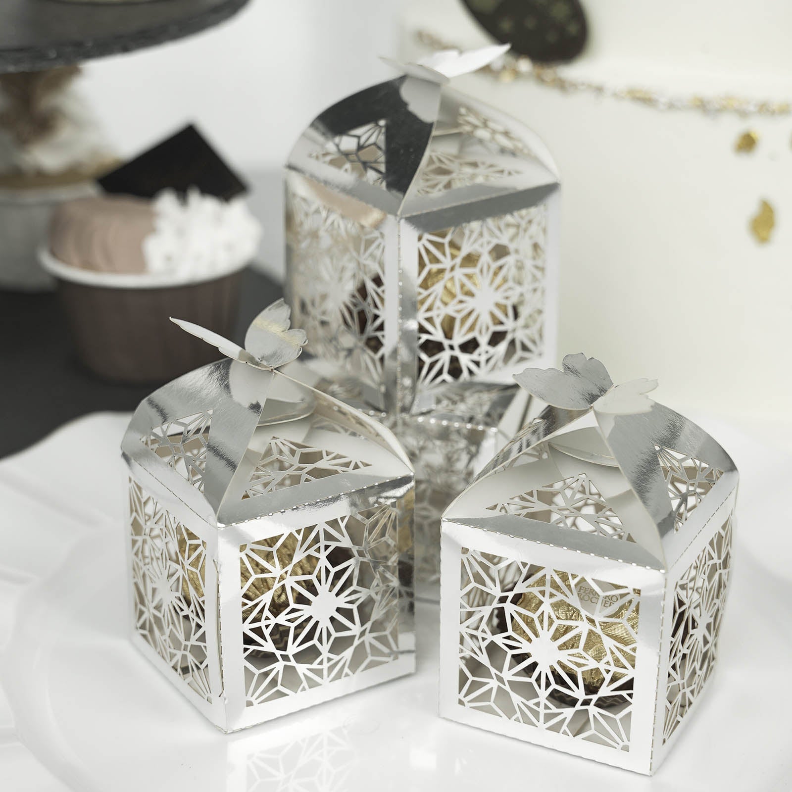 Silver butterfly top laser cut lace favor candy gift boxes.