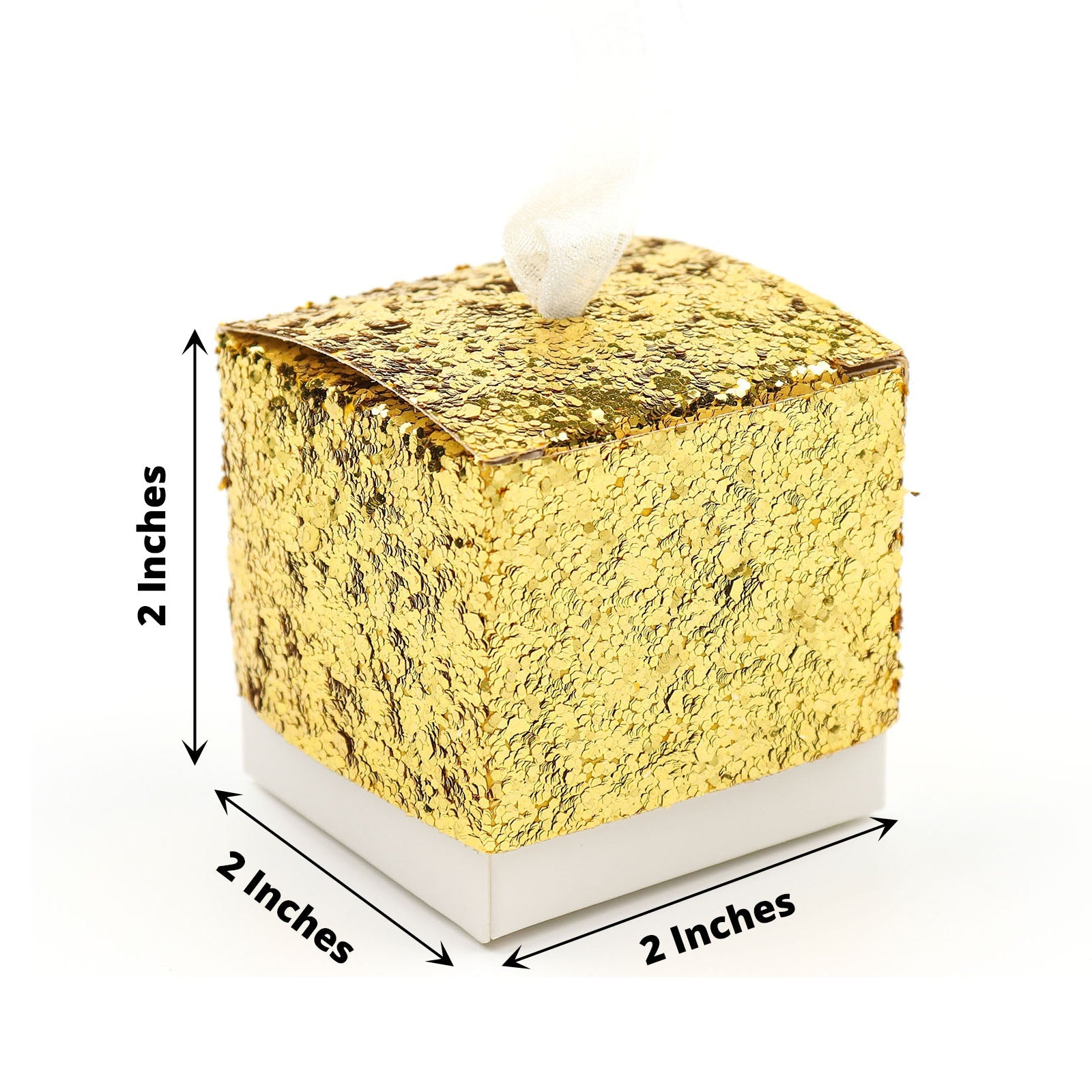 Gold sequin mini gift box with white ribbon loop, 2 inches in size.