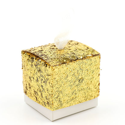 Gold sequin glitter mini gift box with white ribbon loop.
