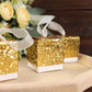 Gold sequin glitter mini gift boxes with white ribbon loop.