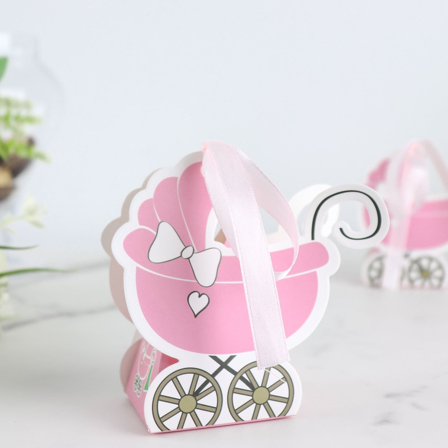 25 Pack | Pink Baby Paper Stroller Party Favor Gift Boxes, Cardstock Carriage Candy Boxes with Ribbon Ties - 4.5"x2"x4"
