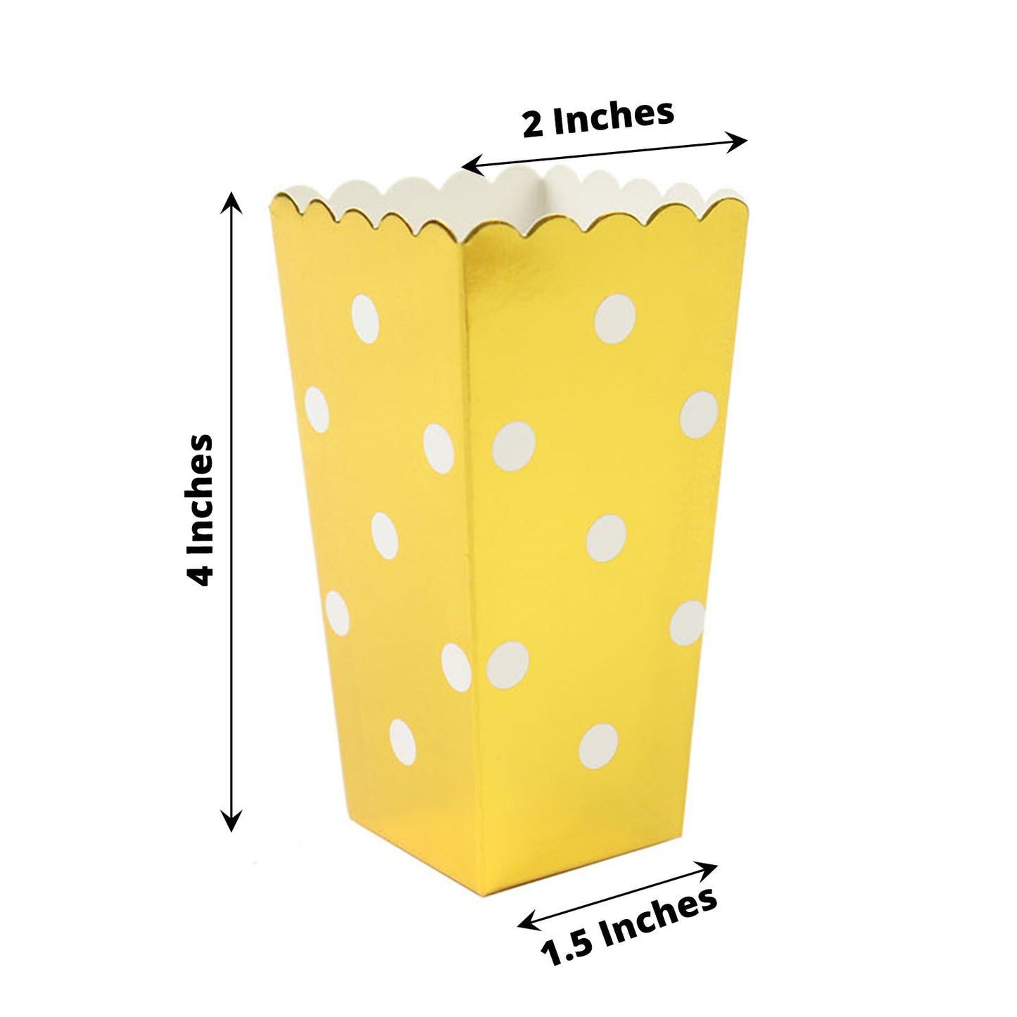 Gold popcorn style favor box with white polka dots, 4 inches tall.