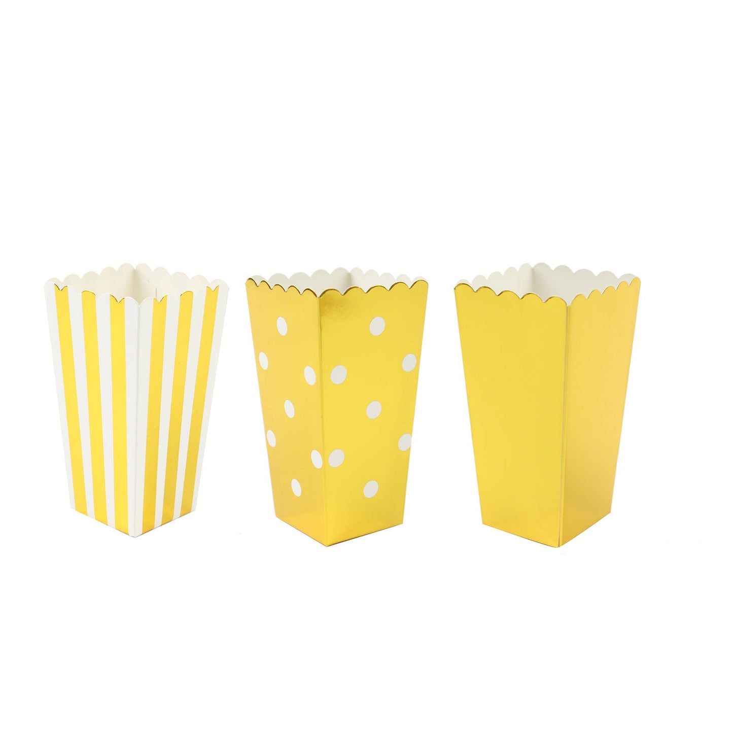 Yellow popcorn style favor boxes with white stripes and polka dots.