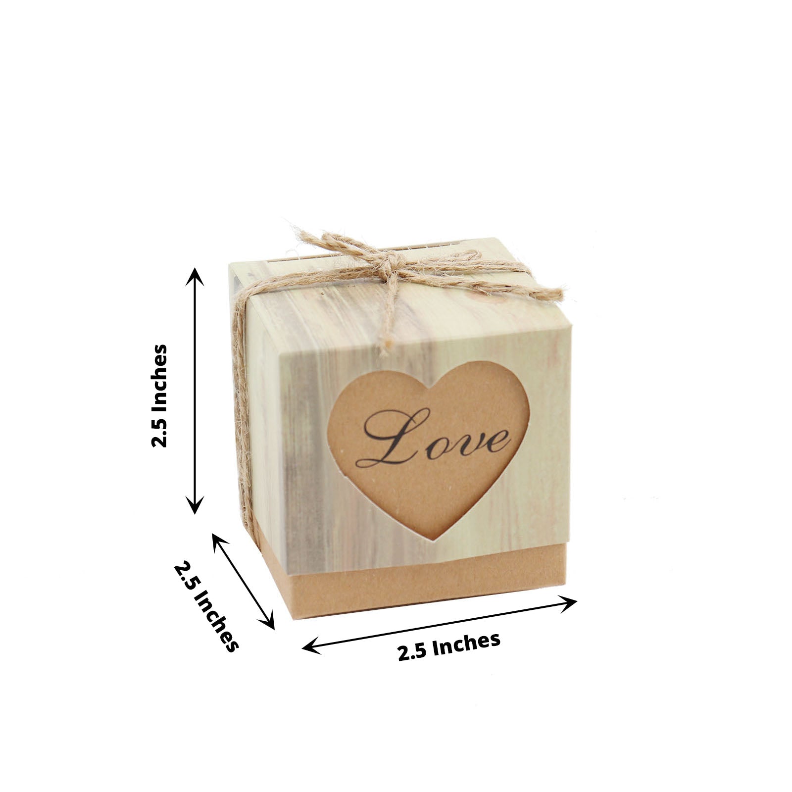 Natural brown rustic wood pattern candy gift box with heart cut out.