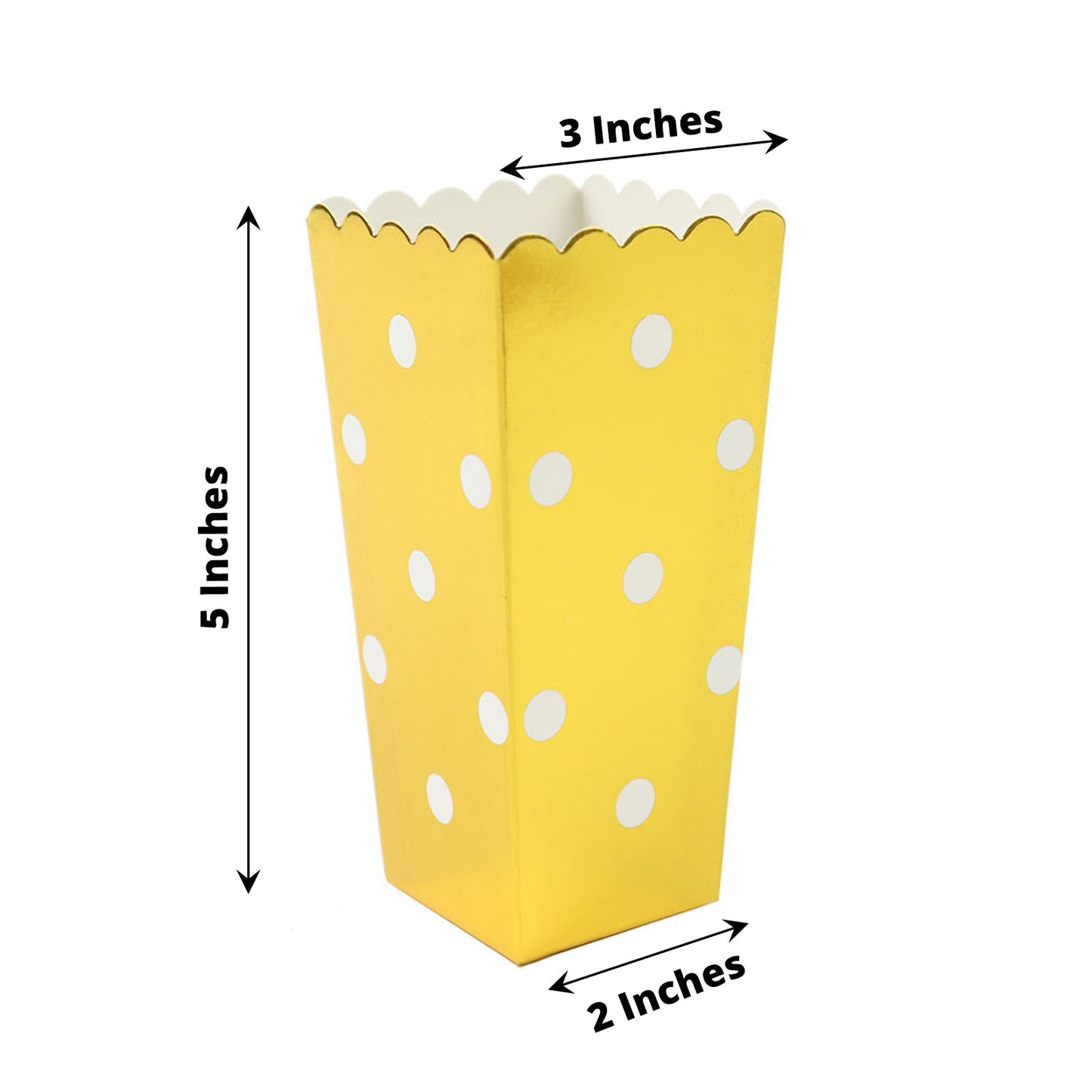 Gold polka dot popcorn favor box, 5 inches tall, perfect for parties.