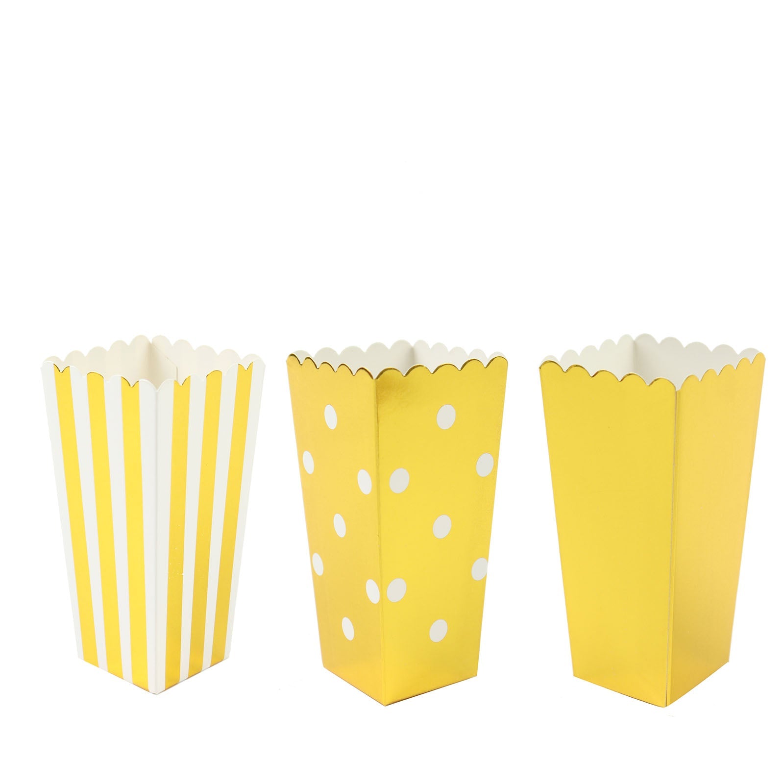 Yellow popcorn style favor boxes with white stripes and polka dots.