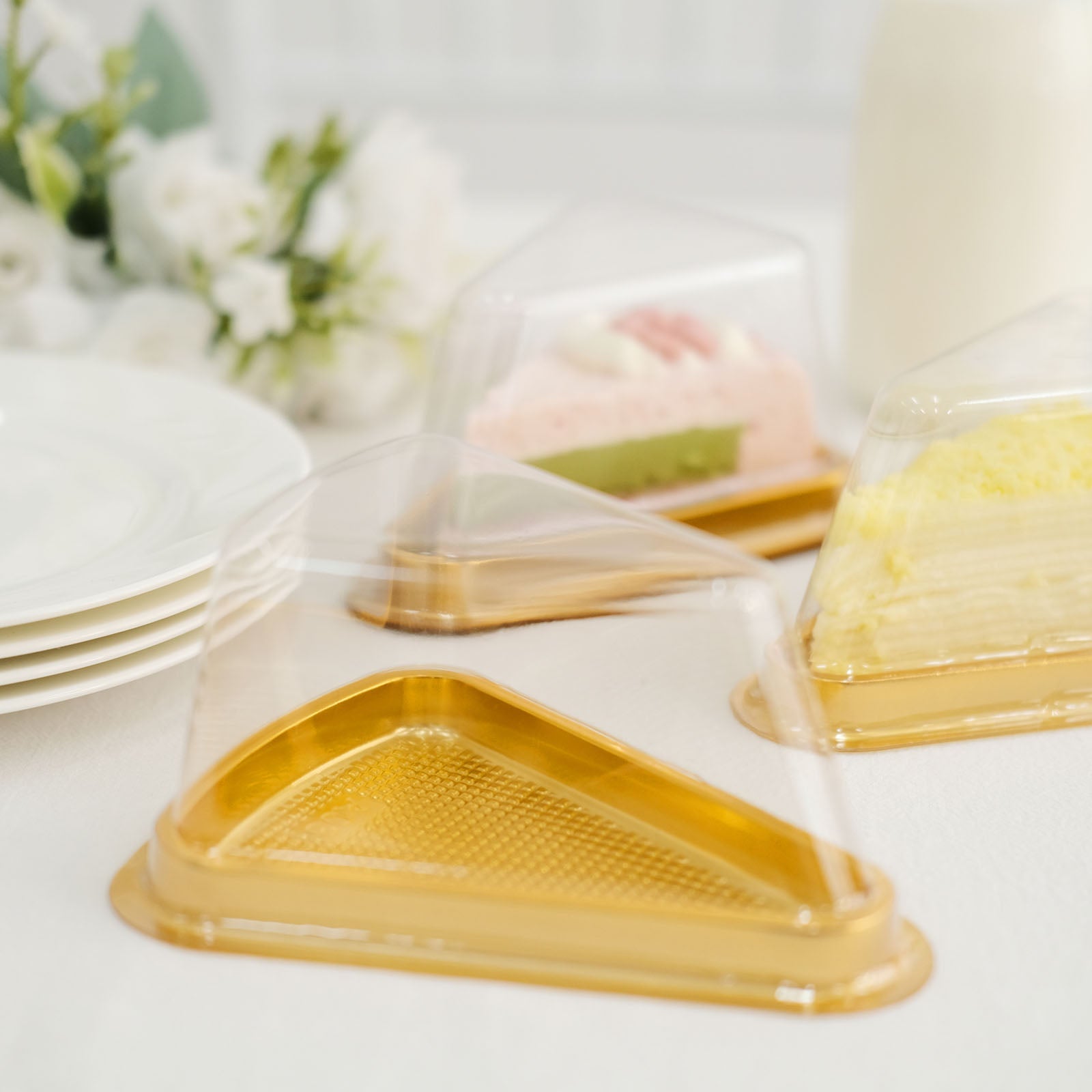 50 Plastic Cake Slice Boxes Clear And Gold 6 Inch x 4.5 Inch x 2.5 Inch