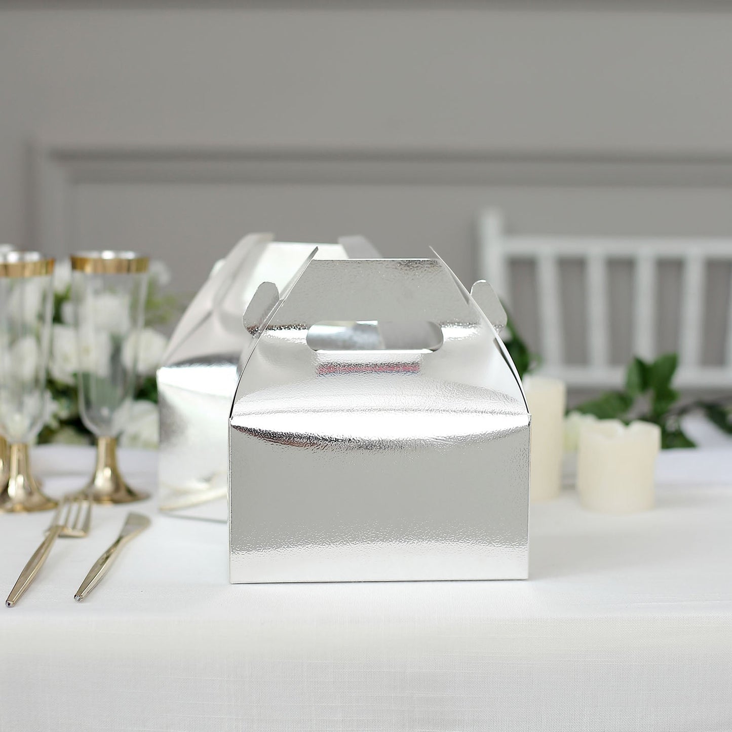 25 Pack | Metallic Silver Party Favor Gift Tote Gable Box Bags, Candy Treat Boxes - 6"x3.5"x7"