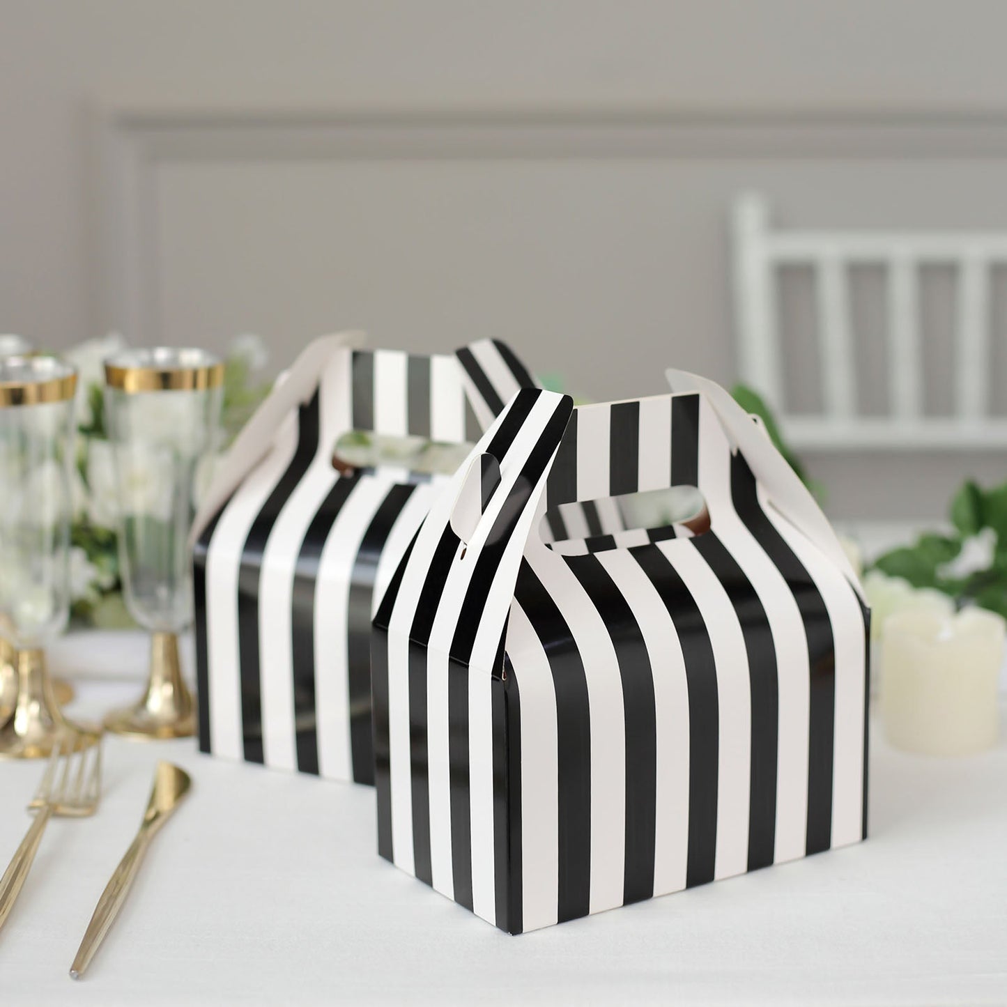 25 Pack | White / Black Striped Party Favor Gift Tote Gable Box Bags, Candy Treat Boxes - 6"x3.5"x7"