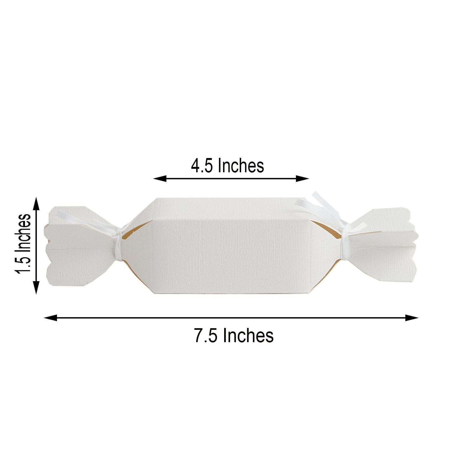 White candy-shaped party favor gift boxes with satin ribbon.