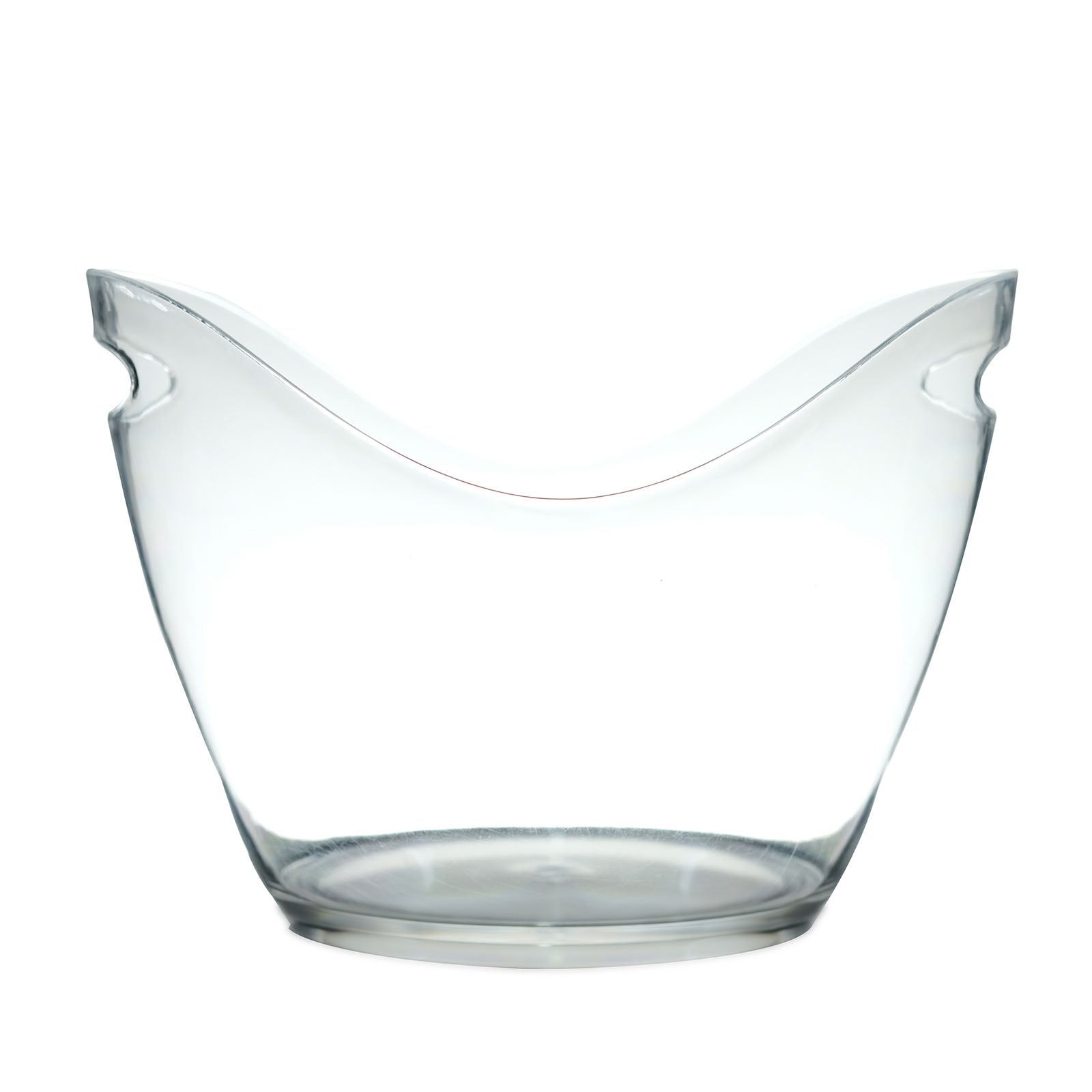 Clear plastic ice and drinks bucket, 7 liters, with handles for parties.