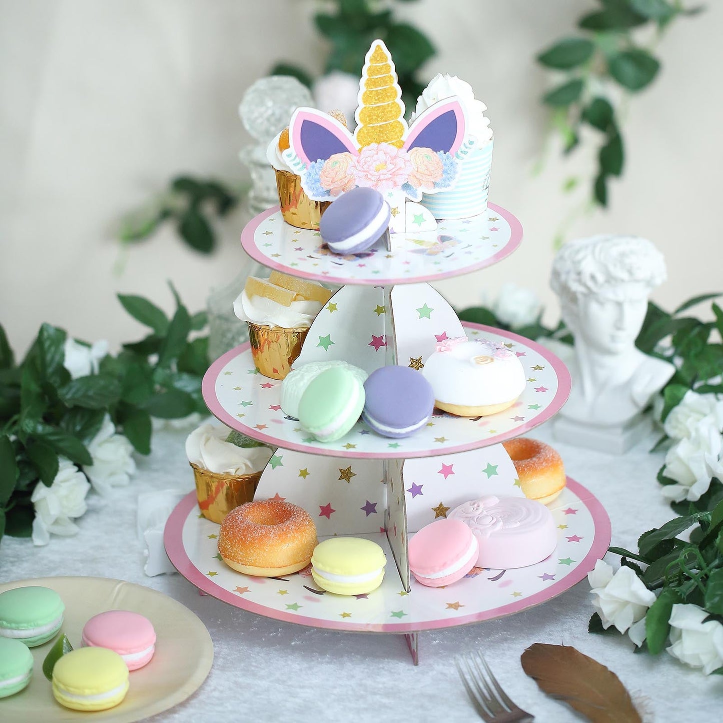 15" 3-Tier Unicorn Themed Cardboard Cupcake Dessert Stand Treat Tower