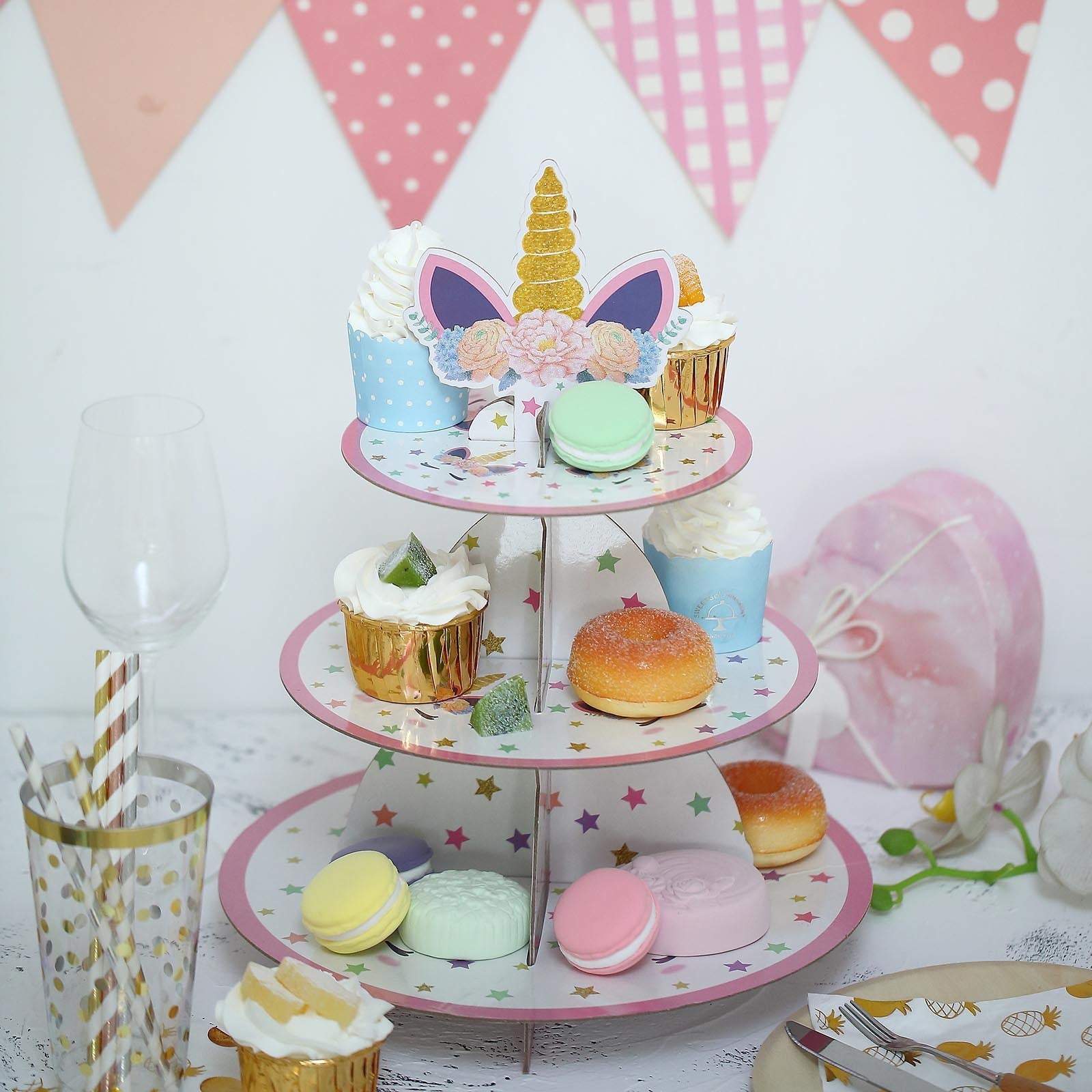 15 Inch 3 Tier Unicorn Themed Cardboard Dessert Stand Treat Tower
