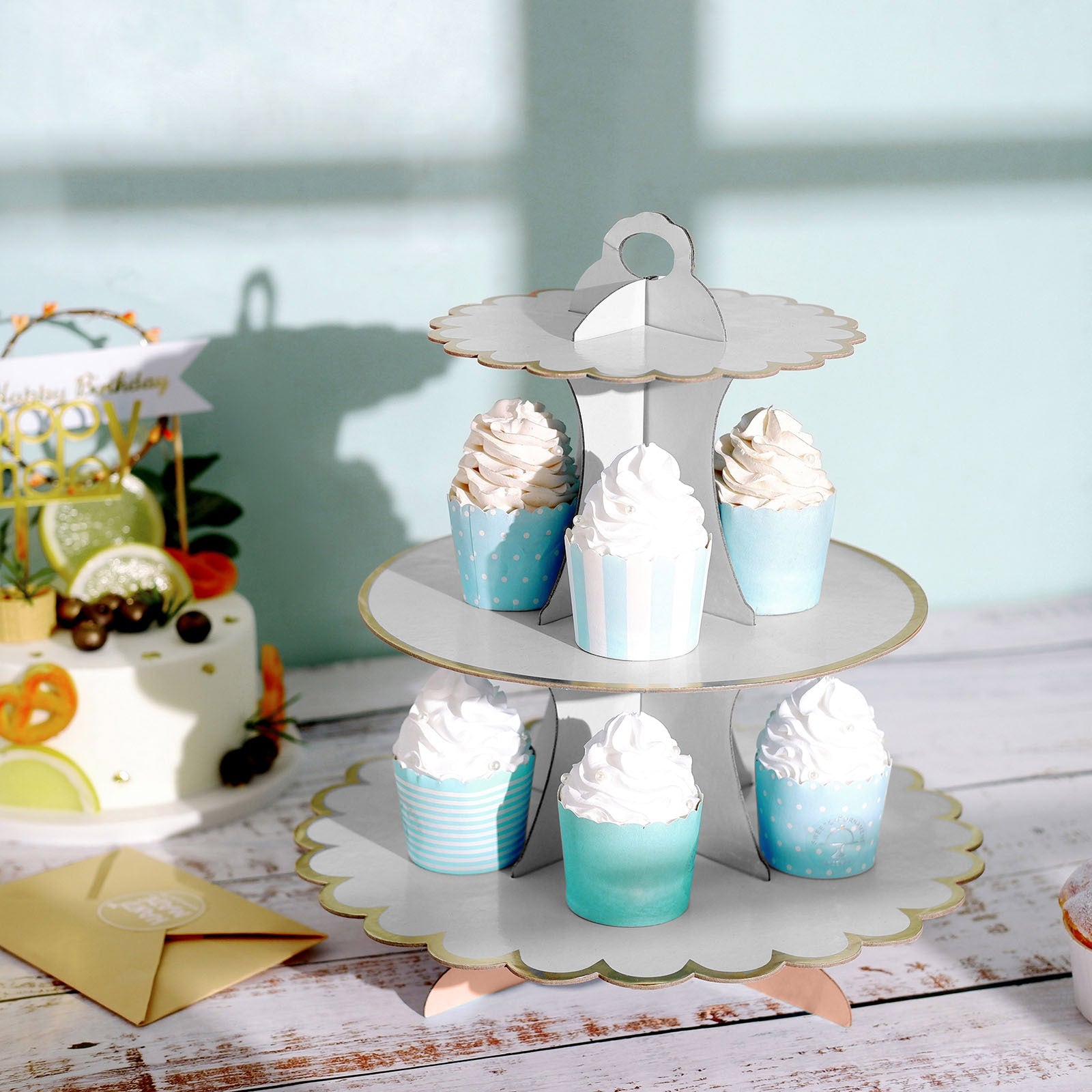 13inch 3-Tier Gold/White Cardboard Cupcake Dessert Stand Treat Tower