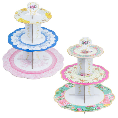 2 Pack | 14inch 3-Tier Floral Cardboard Dessert Pedestal Display With Scalloped Edges