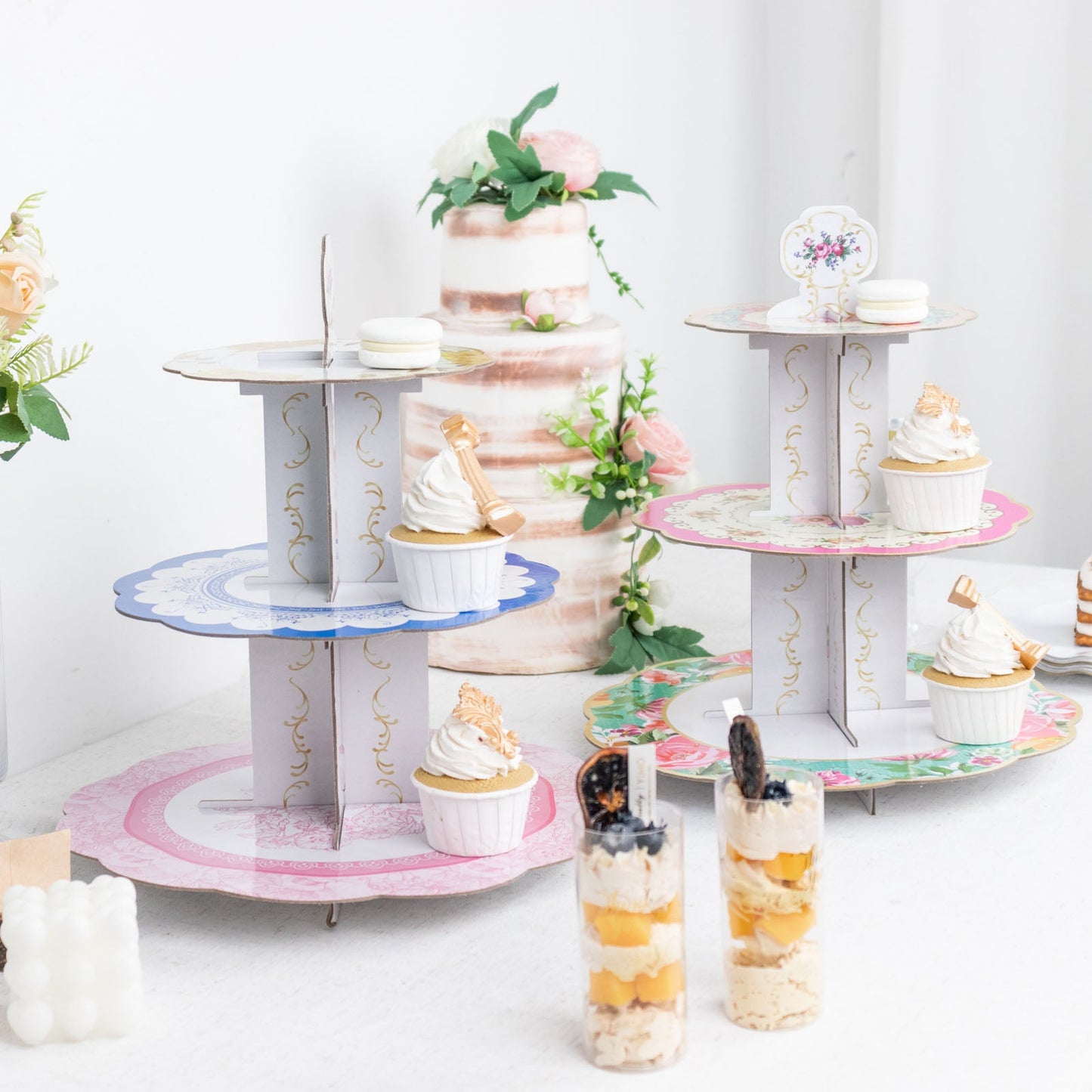 2 Pack | 14inch 3-Tier Floral Cardboard Dessert Pedestal Display With Scalloped Edges