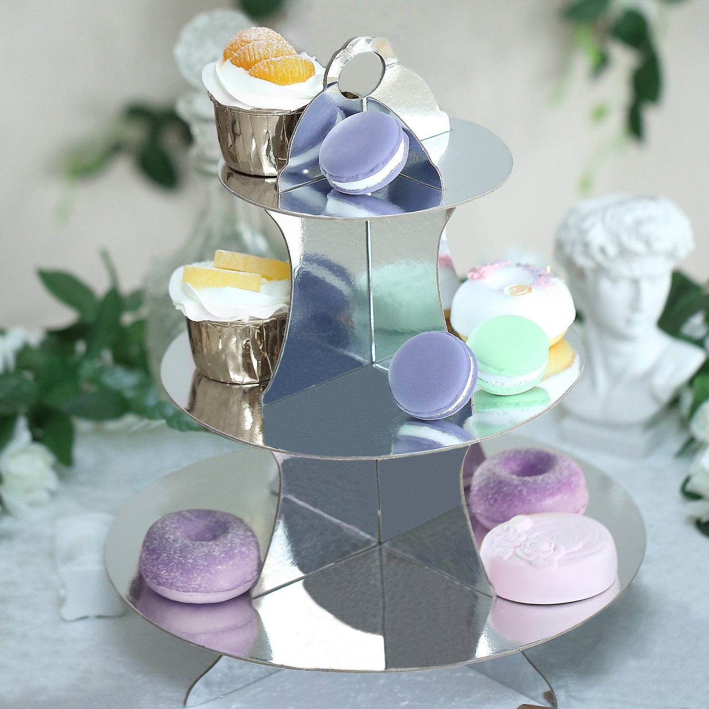 14" 3-Tier Metallic Silver Cardboard Cupcake Dessert Stand Treat Tower