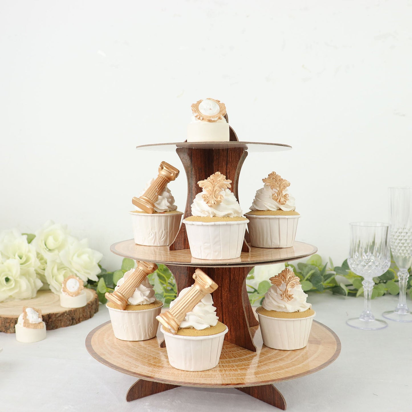 Natural Wood Plank Print 3 Tier 13 Inch Cardboard Cupcake Stand