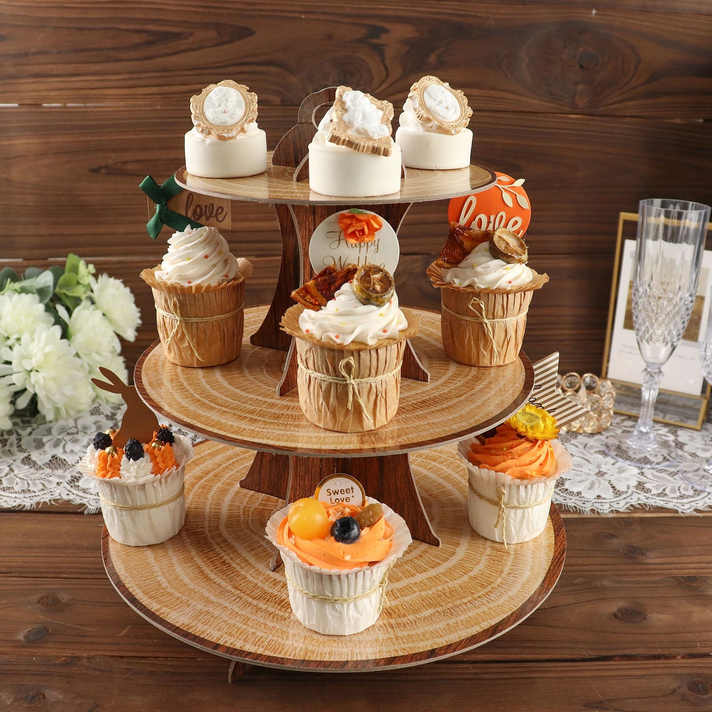 3 Tier 13 Inch Natural Wood Plank Print Cardboard Cupcake Stand