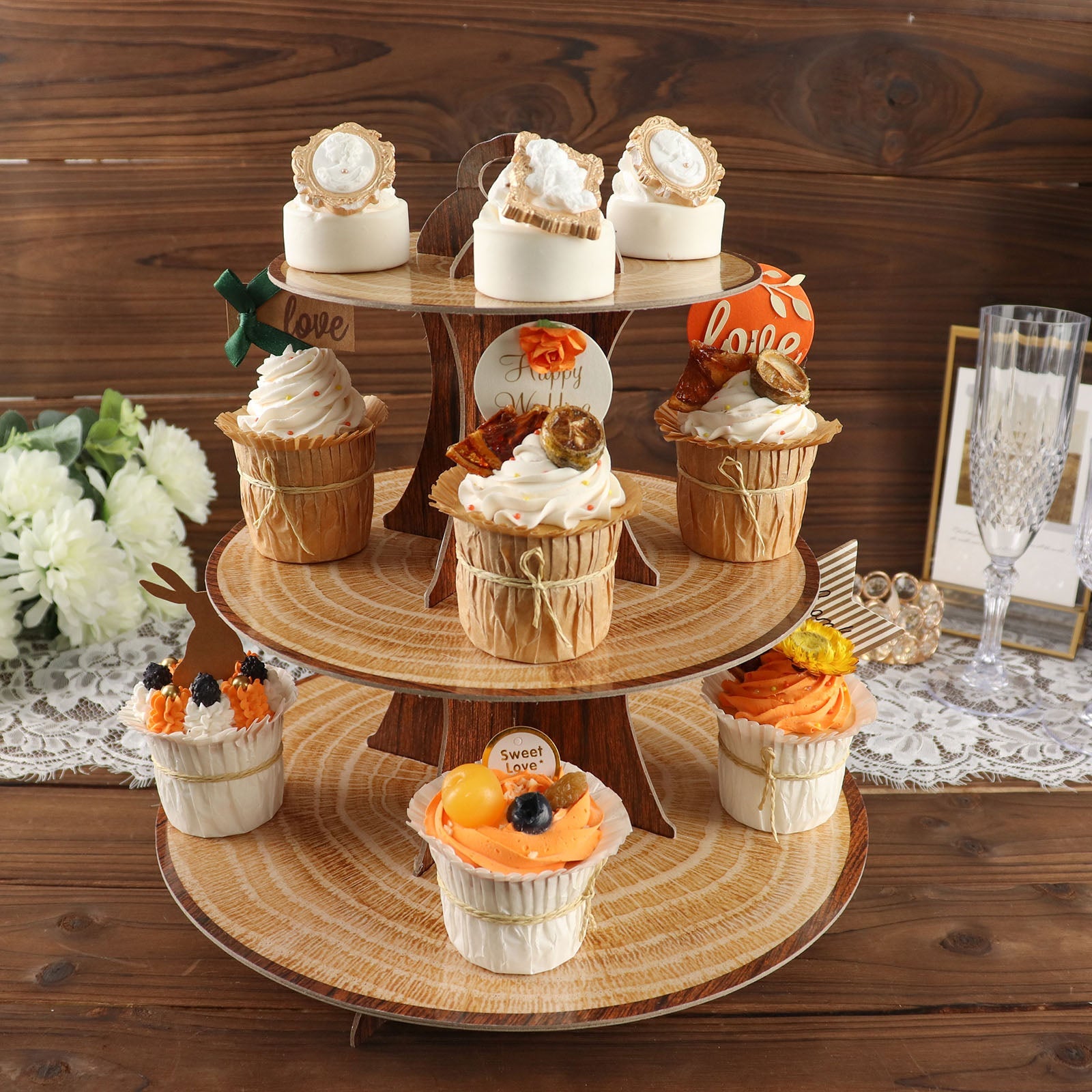 3 Tier 13 Inch Natural Wood Plank Print Cardboard Cupcake Stand