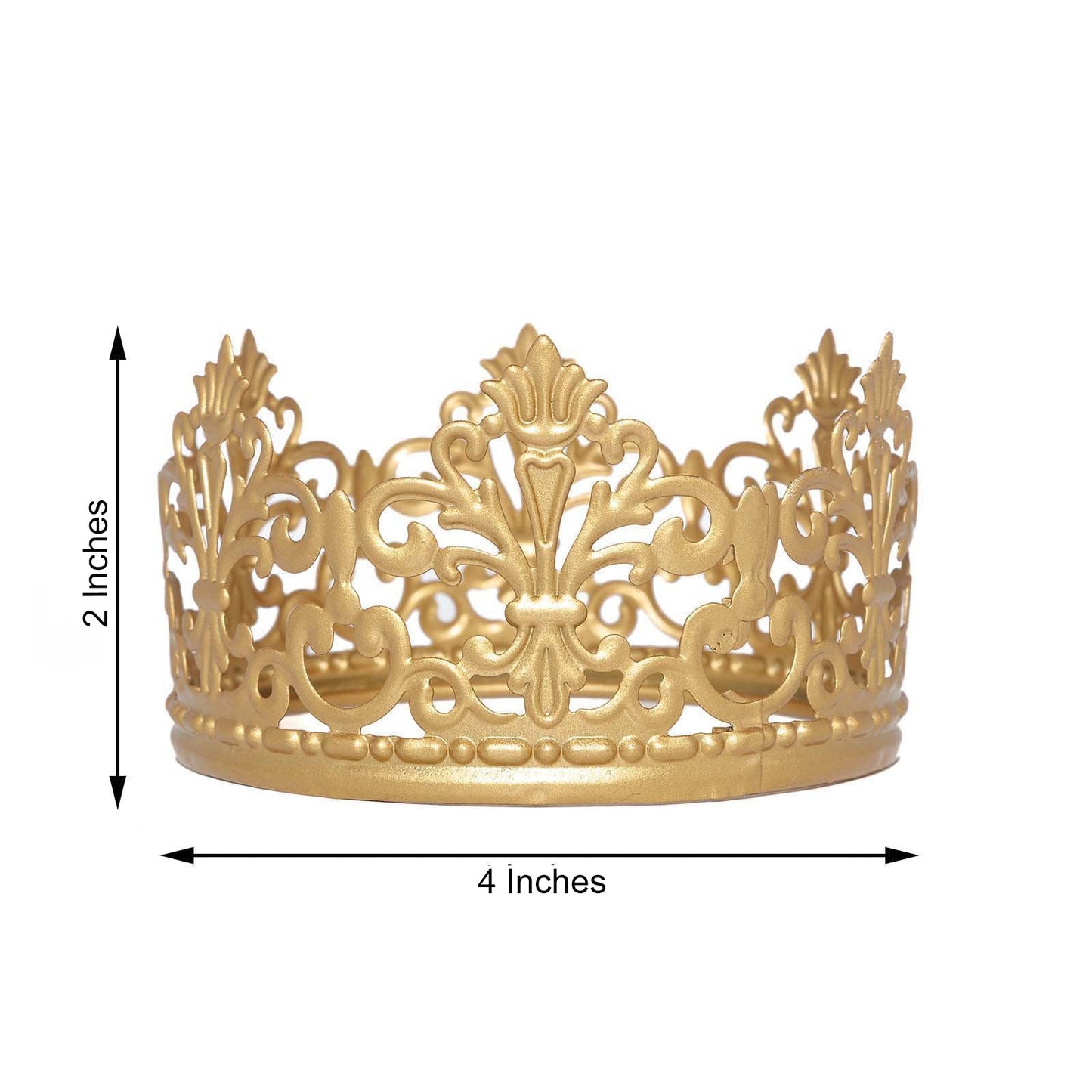 Matte gold metal princess crown cake topper for weddings and celebrations.