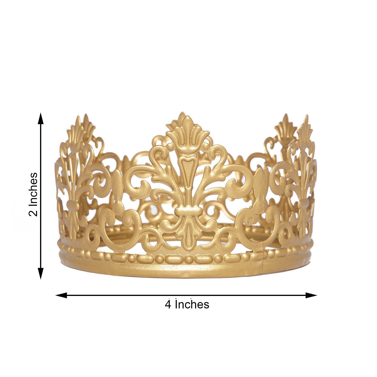 Matte gold metal princess crown cake topper for weddings and celebrations.