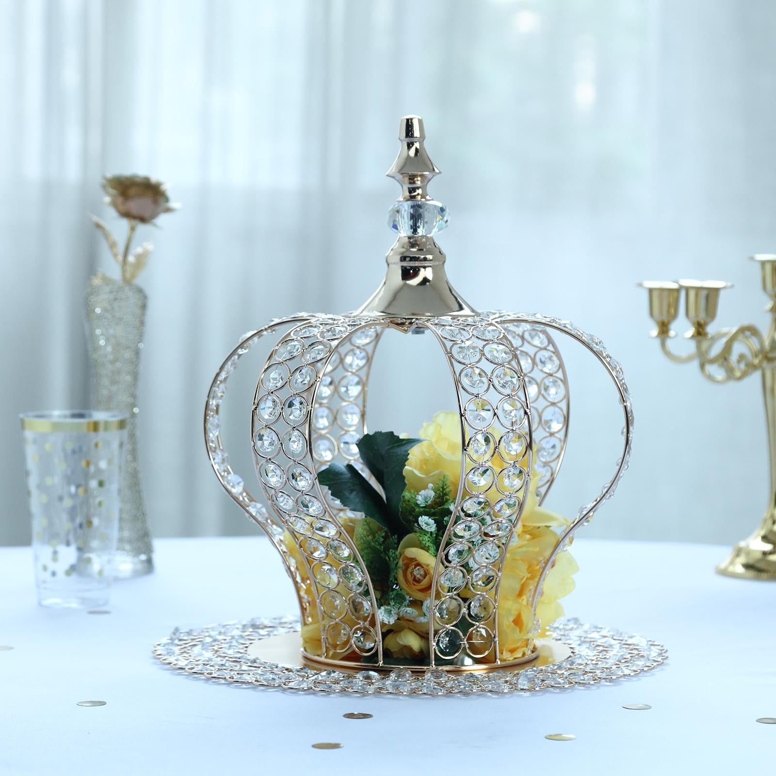 Metallic gold crystal-bead royal crown cake topper centerpiece.