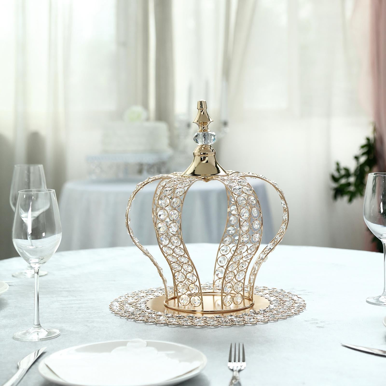 Metallic gold crystal-bead royal crown cake topper centerpiece.