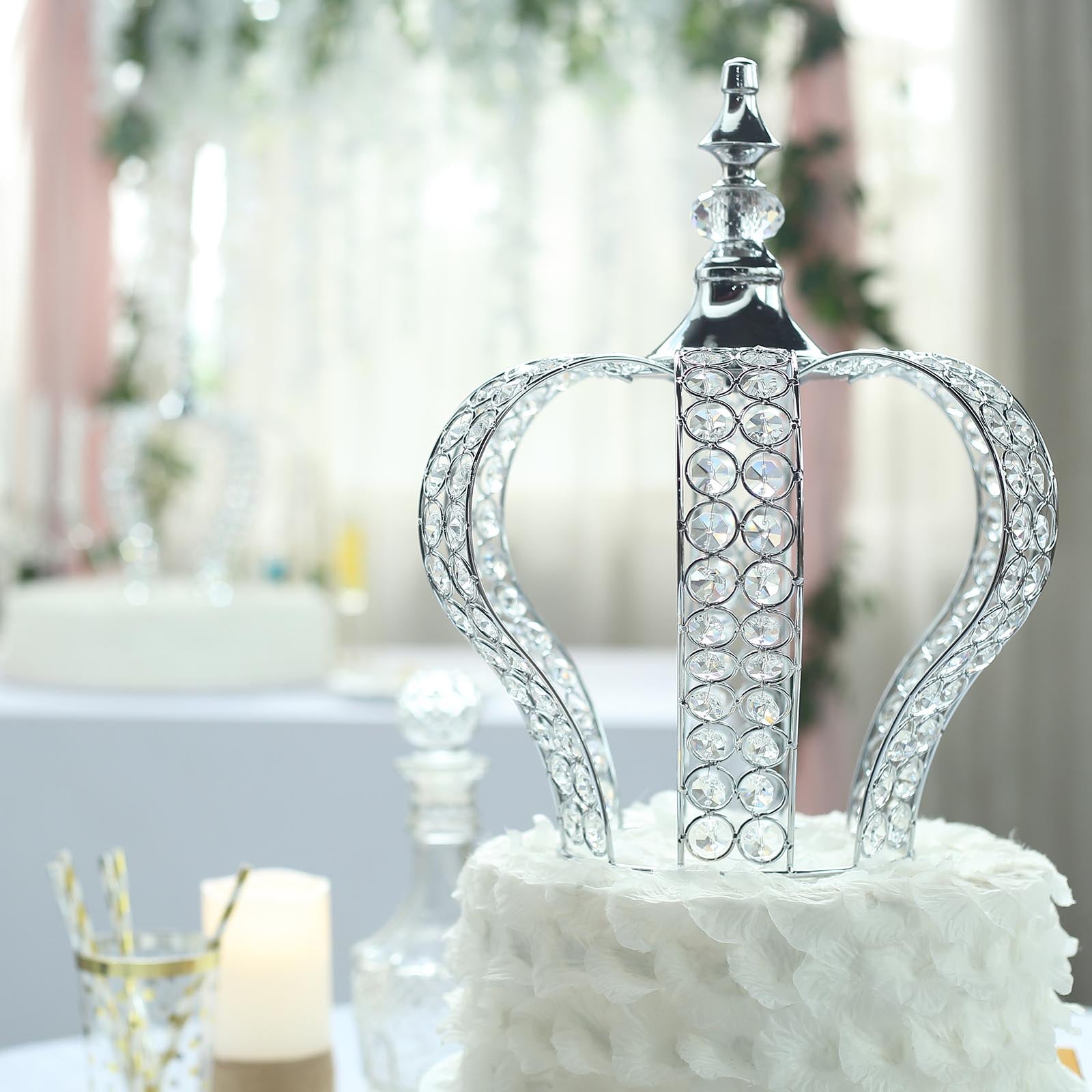 14 Inch Crystal Bead Royal Crown Metallic Silver Cake Topper