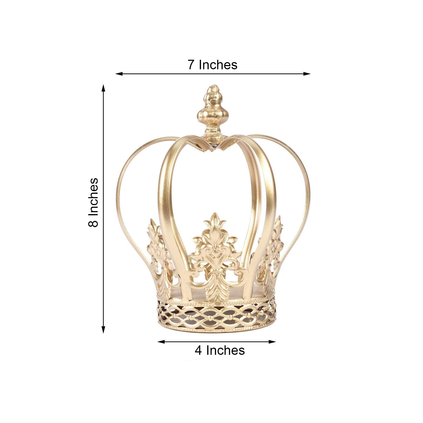 Gold metal fleur-de-lis crown cake topper, 8 inches tall, elegant centerpiece.