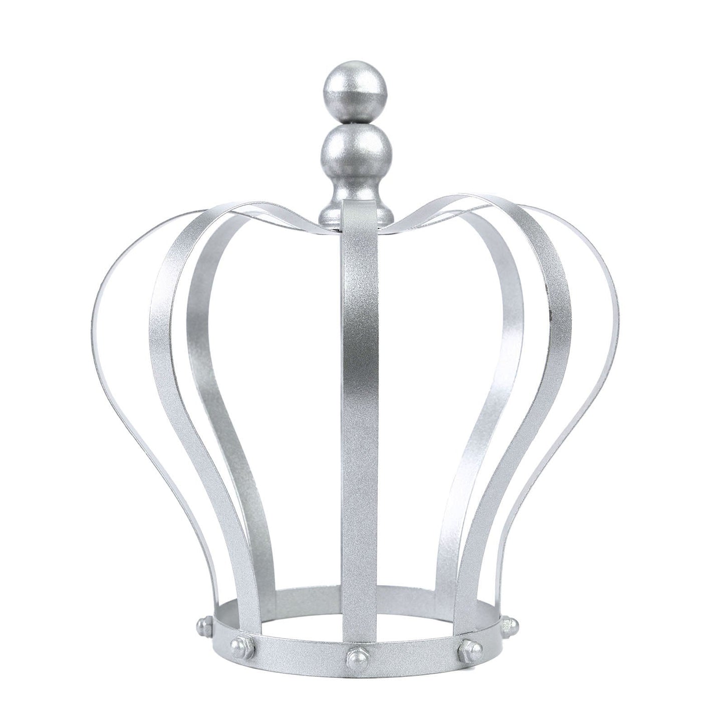 Matte silver metal crown cake topper for wedding decor.