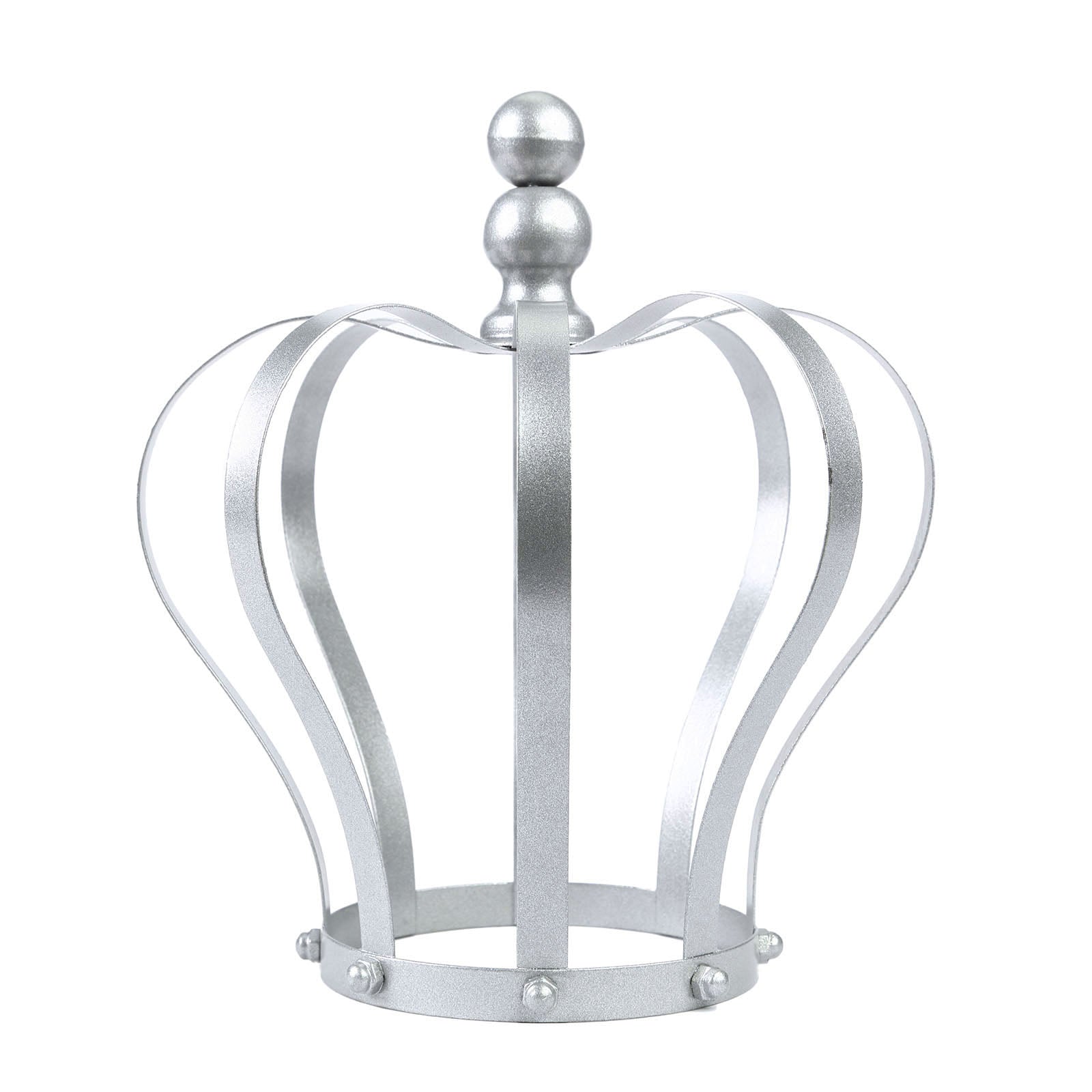 Matte silver metal crown cake topper for wedding decor.