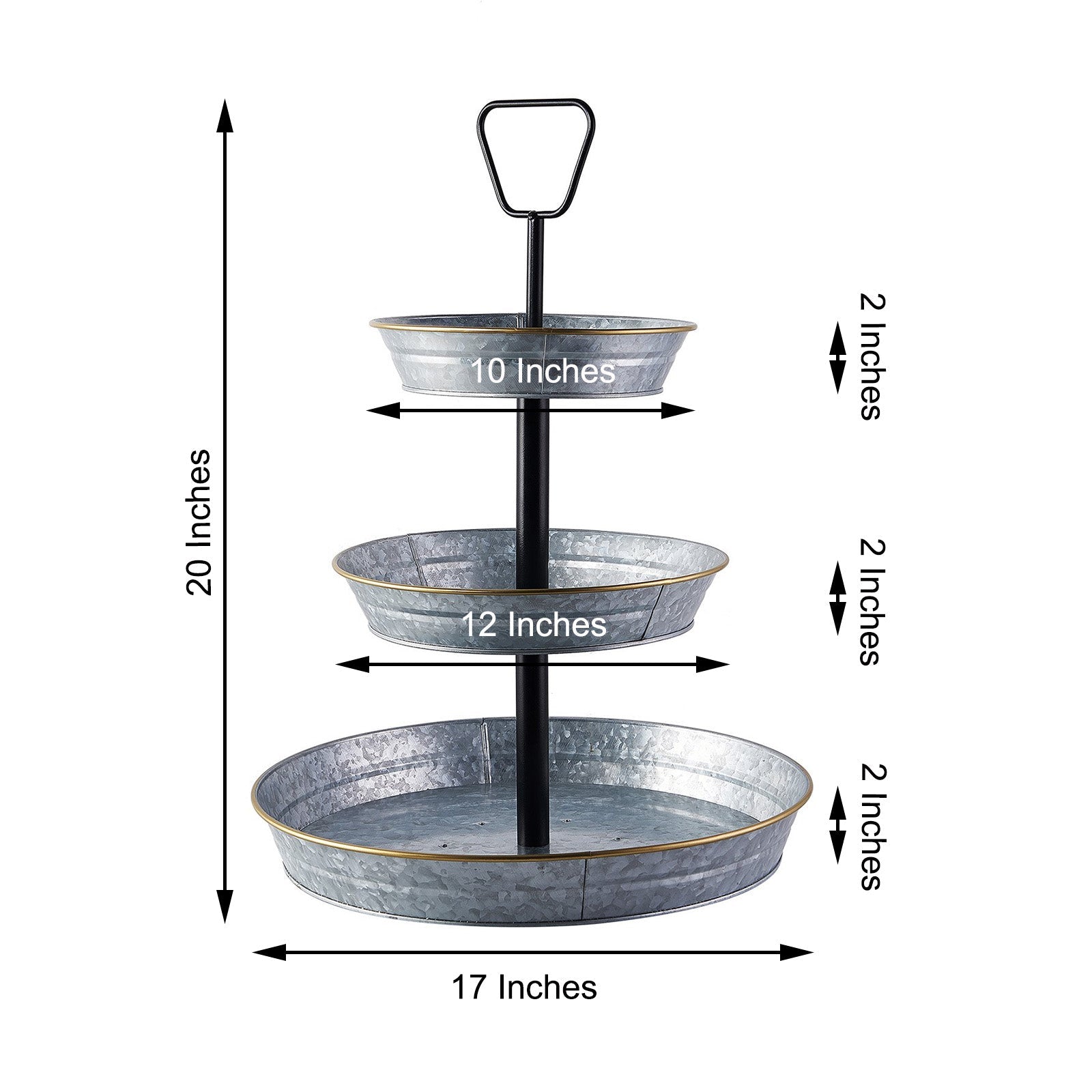 Galvanized metal 3-tier serving tray for rustic desserts and cupcakes.