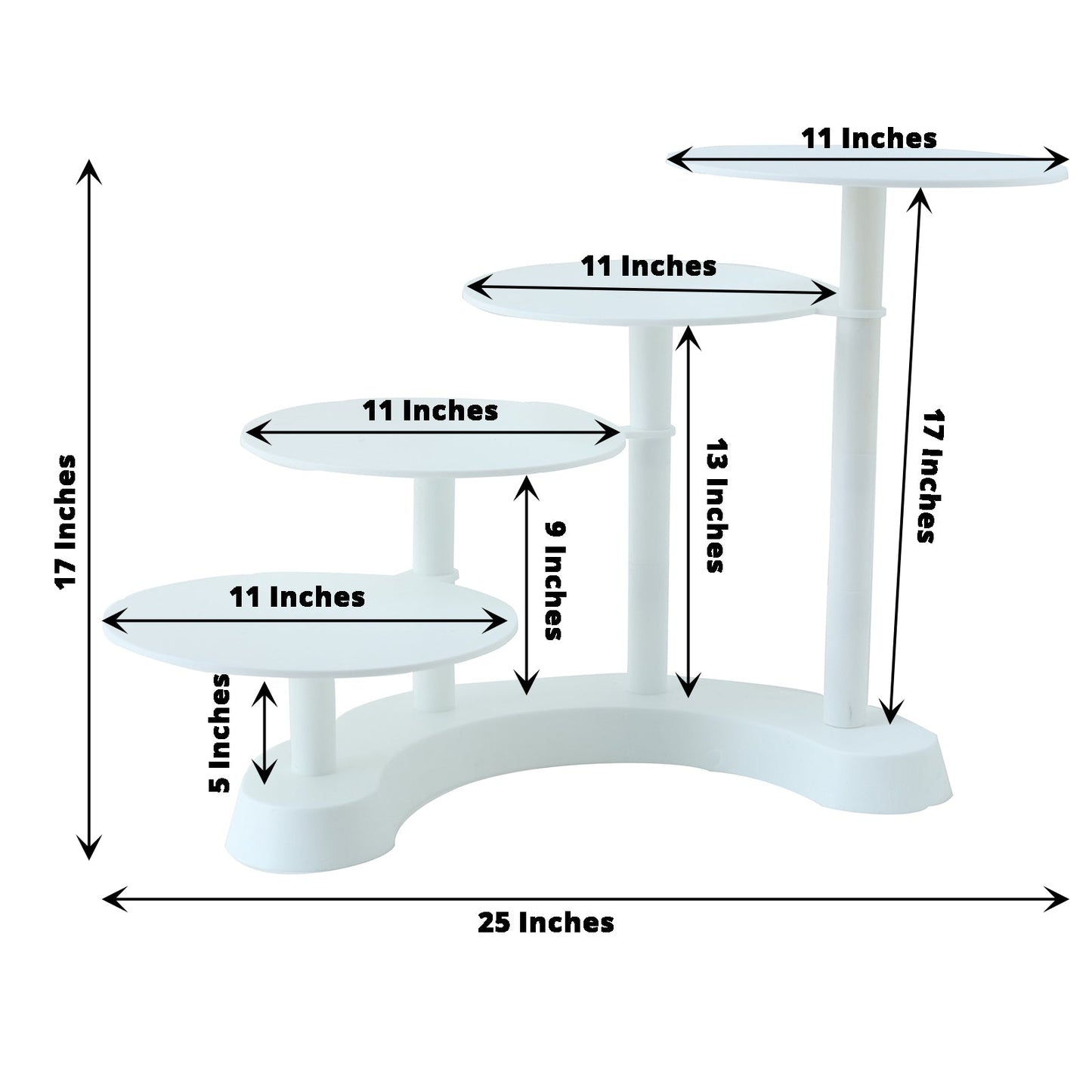 White 4-tier half moon cake stand with four shelves for desserts and cupcakes.