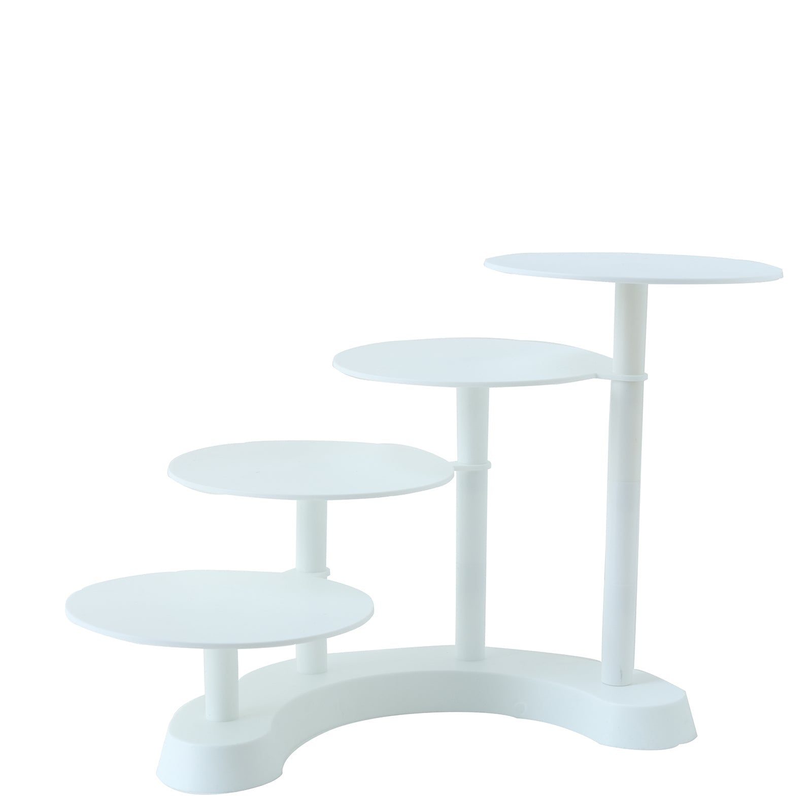 White 4-tier half moon cake stand for displaying desserts and cupcakes.