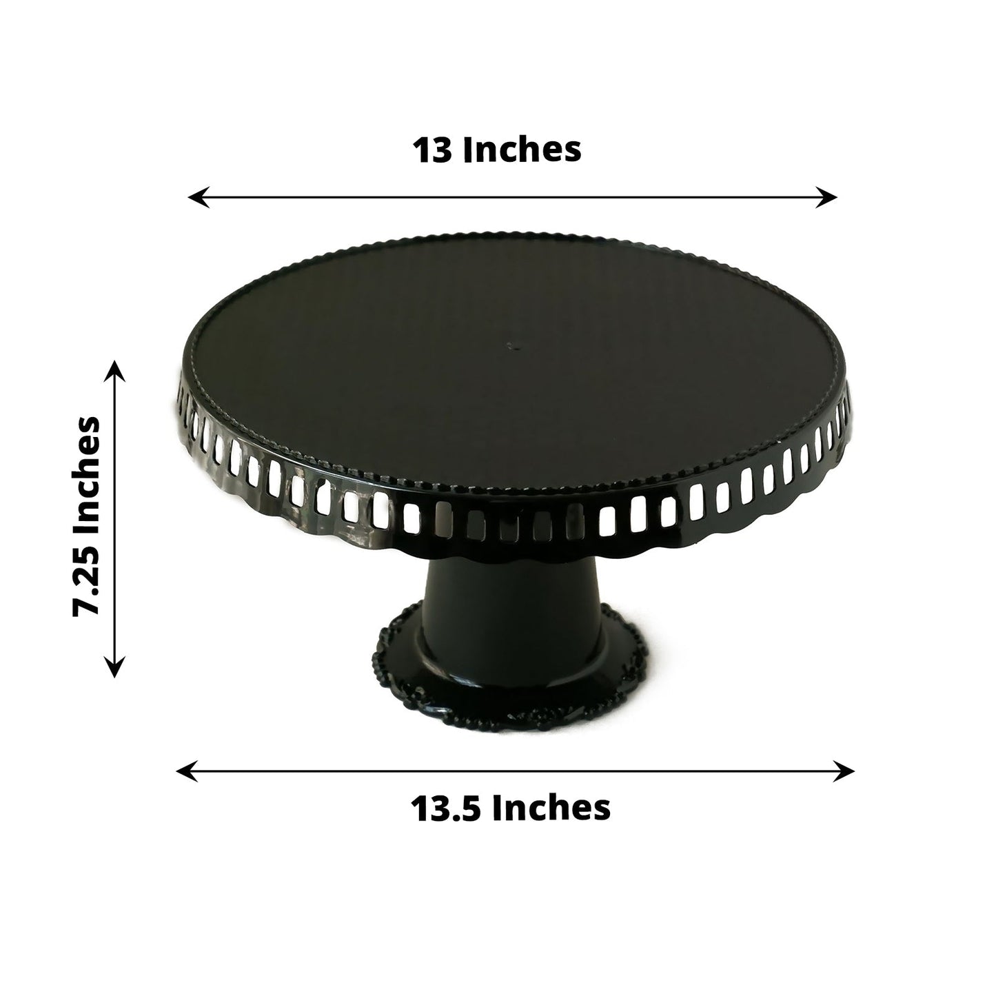 Black round pedestal cupcake stand, 13 inches, reusable with decorative edge.