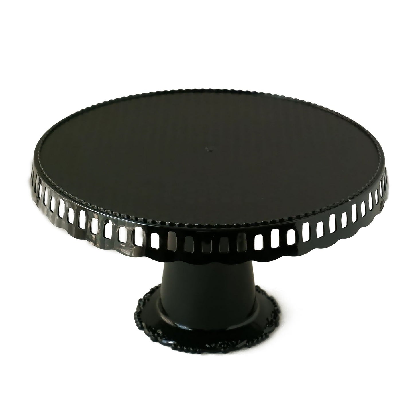 Black round pedestal cupcake stand with interchangeable ribbon trim.