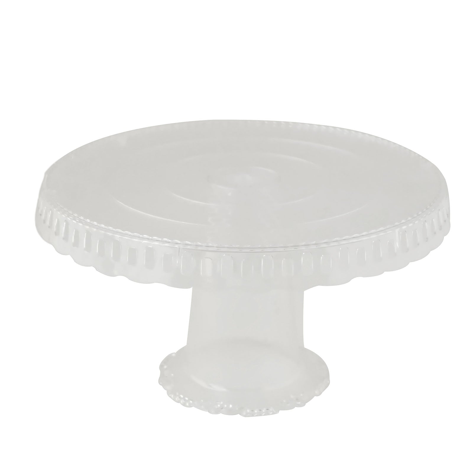 Clear round pedestal cupcake stand with interchangeable ribbon trim edge.