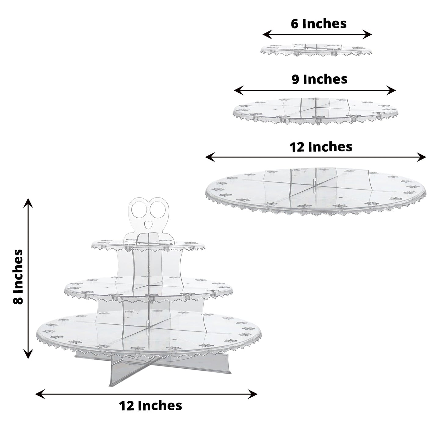 Clear 3-tier round cake pop holder with floral cut rims, 12 inches tall.