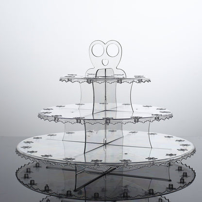 Clear 3-tier round plastic cake pop holder with floral cut rims.