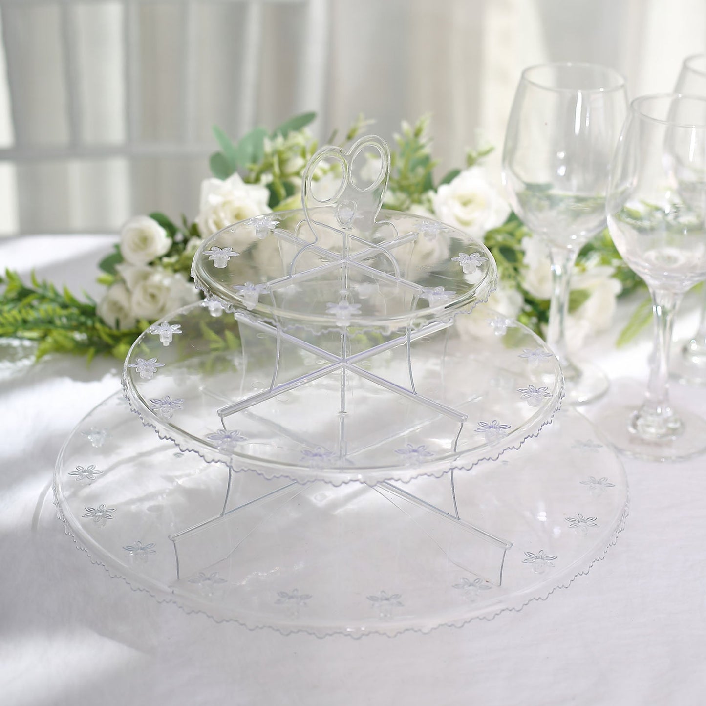 Clear 3-tier round plastic cake pop holder dessert tower with floral cut rims.