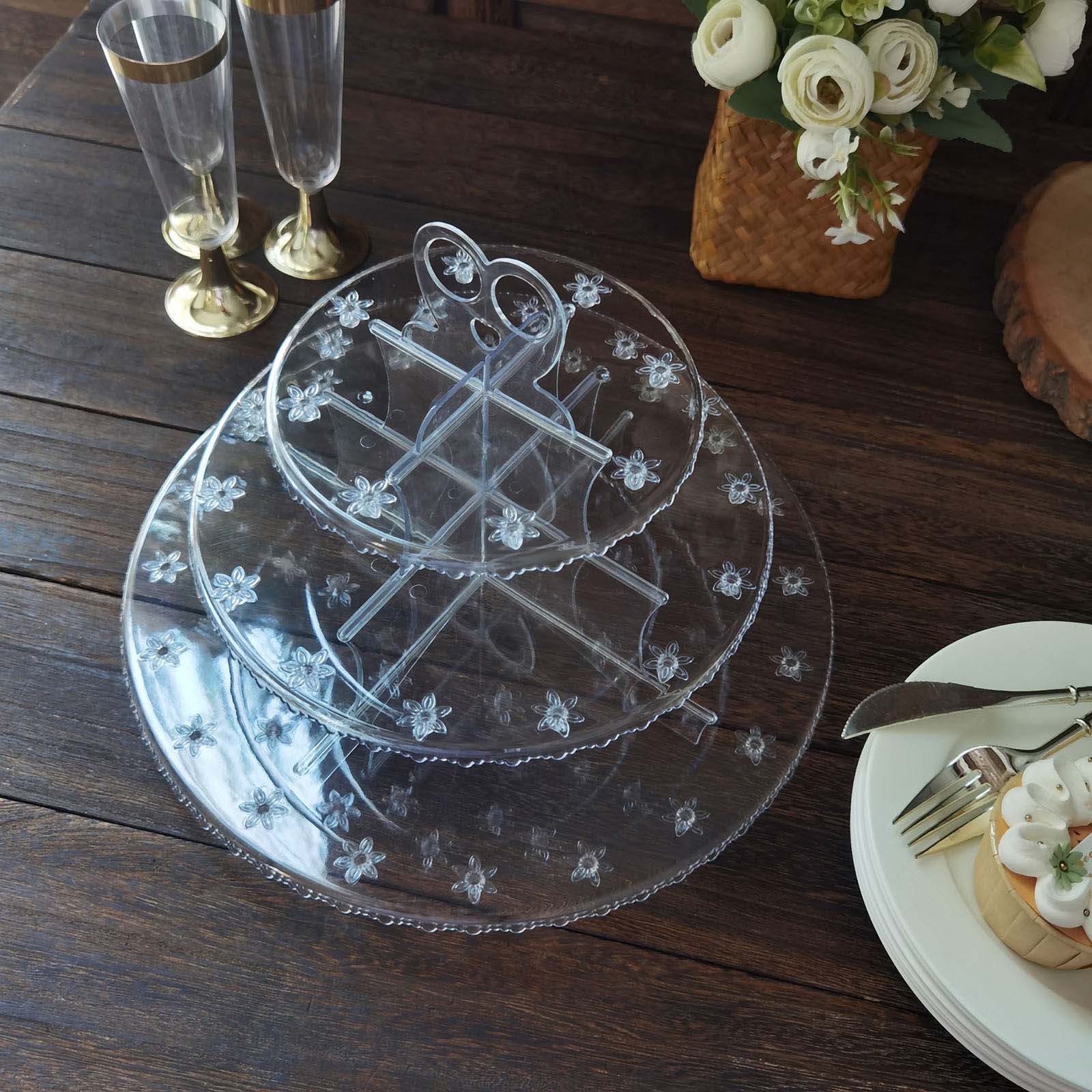 Clear 3-tier round plastic cake pop holder with floral cut rims.