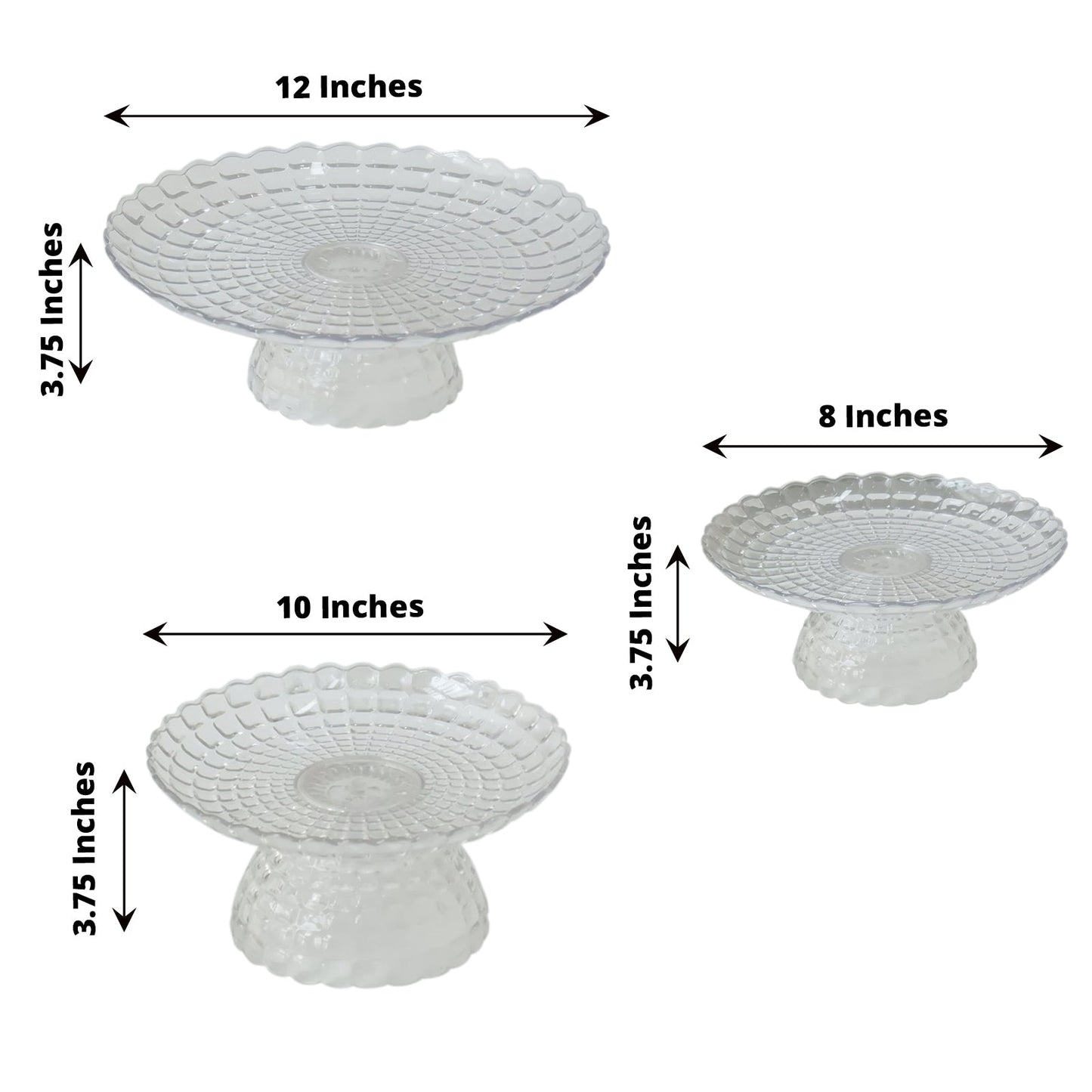 Clear contemporary pressed plastic stackable cupcake stands in three sizes.
