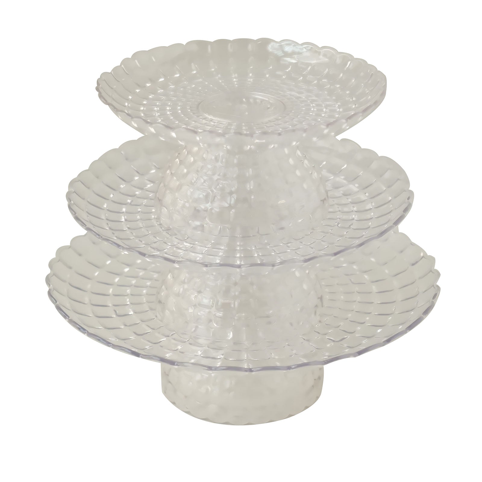 Clear contemporary pressed plastic stackable cupcake stands, 8", 10", 12".