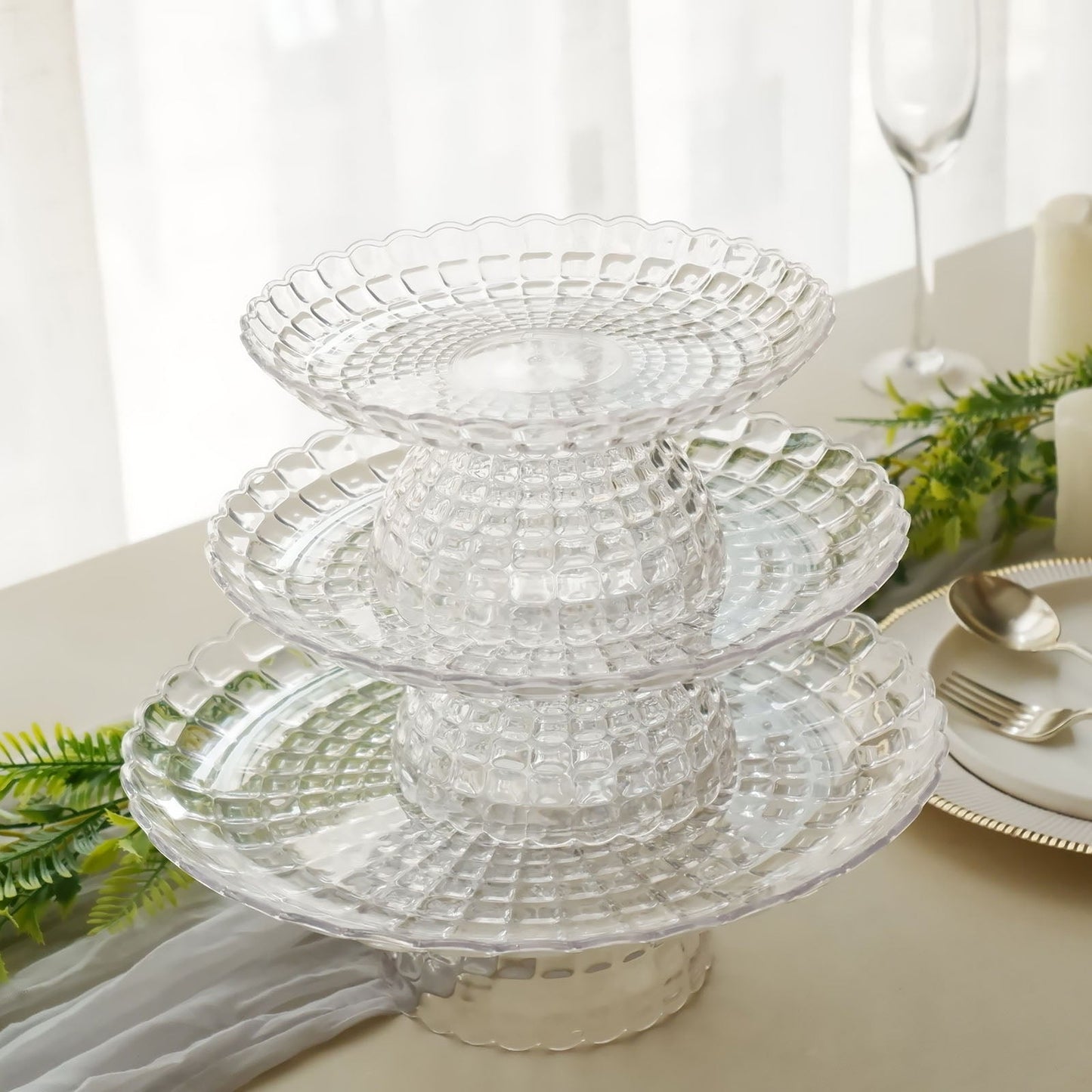Clear contemporary pressed plastic stackable cupcake stands, 8", 10", 12".