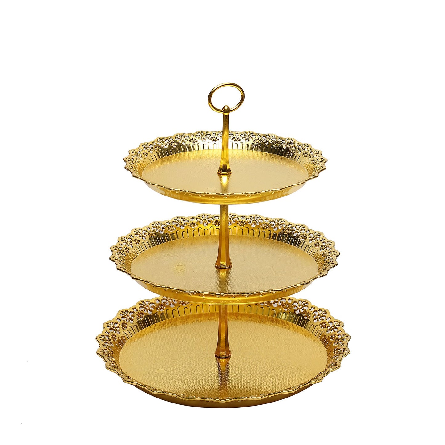 Metallic gold 3-tier round cupcake display tray with lace cut edges.