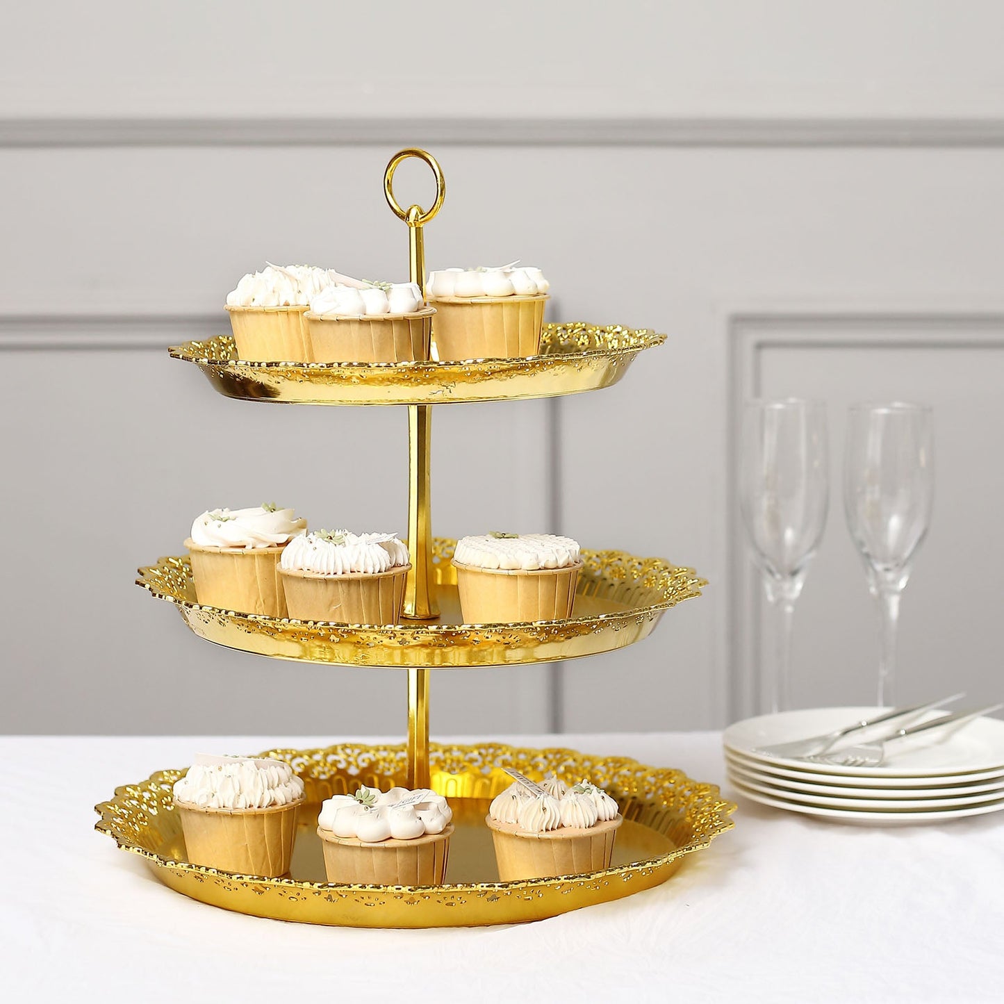 15" metallic gold 3-tier round cupcake display tray with lace scalloped edges.
