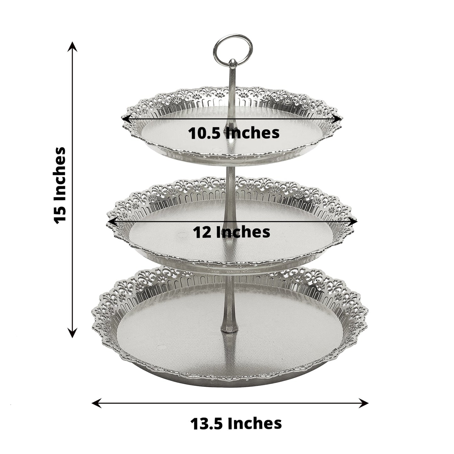 Metallic silver 3-tier round cupcake stand with lace cut edges.