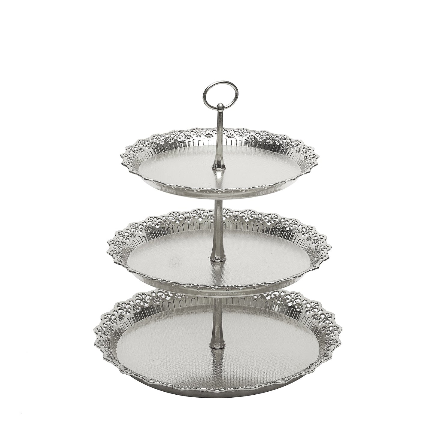 15" metallic silver 3-tier round cupcake stand with lace cut edges.